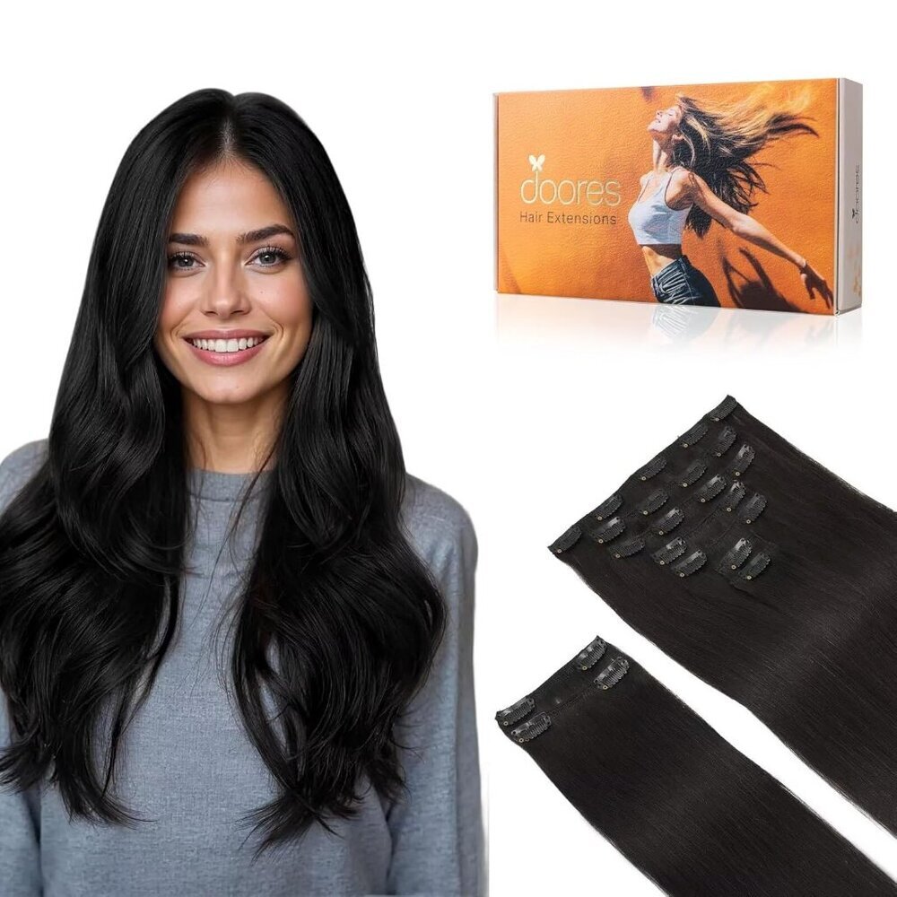 Hair Extensions Clip In Human Hair Natural Black 150g 20 Inch Thick Remy Weft